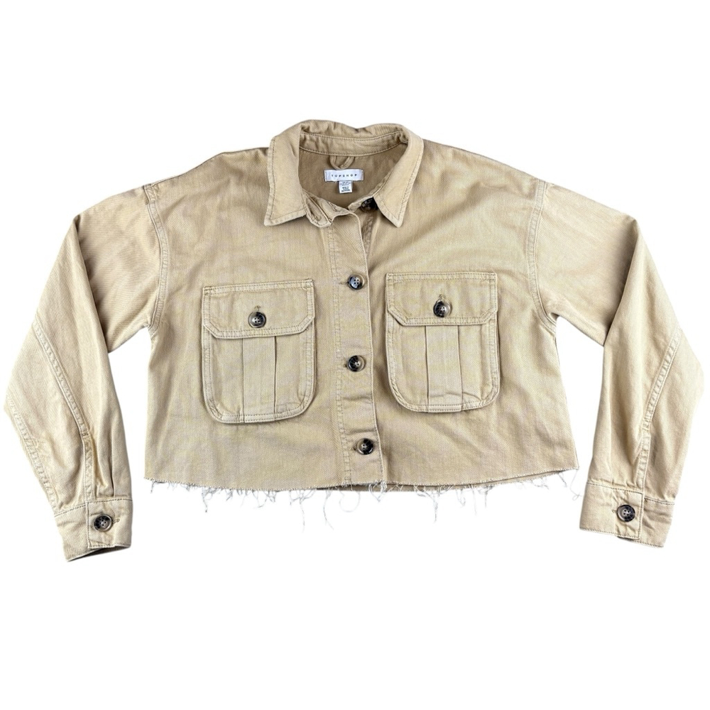 Topshop Tan Crop Lightweight Raw Hem Button Utility Jacket Coat Shacket Size XS